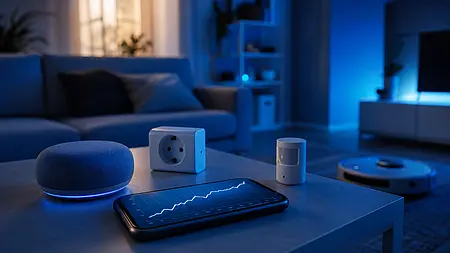 Illustration zum Amazon Prime Day mit einer Reihe von Smart Home Devices auf einem Tisch