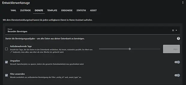 recorder.purge Dienst ausführen in den Entwicklerwerkzeugen
