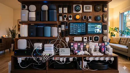Symbolbild: Eine Vielzahl verschiedner Smart-Home-Devices in einem Regal