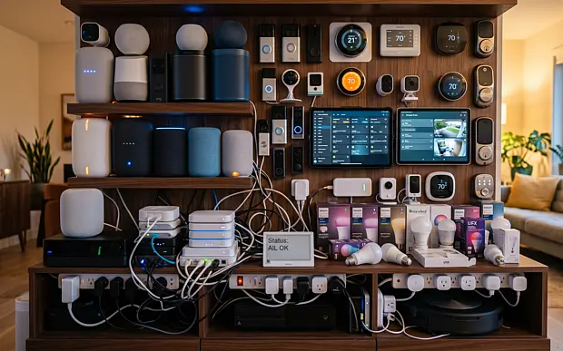 Symbolbild: Eine Vielzahl verschiedner Smart-Home-Devices in einem Regal