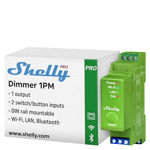Shelly Pro Dimmer 1PM | WLAN & LAN Professioneller 1-Kanal-DIN-Hutschienen-Smart-Dimmer mit Leistungsmessung | Halogenlampen & Dimmbare LEDs - 200 W | iOS-Android App | Alexa & Google