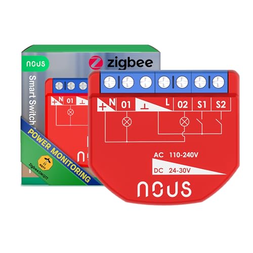 NOUS ZigBee Smart Switch Module mit Leistungsmessung, 2 Kanäle, AC 16A/DC 10A, ZigBee 3.0 Hub erforderlich, Kompatibel mit Alexa, Google Assistant, Home Assistant, Tuya Smart Life App