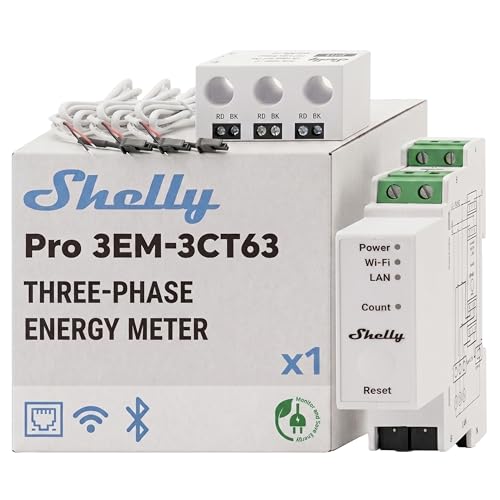 Shelly Pro 3EM - 3CT63, WLAN und LAN 3-Phasen-Energiezähler & Stromwandler, 63А, Echtzeit-Energieüberwachung, kein Hub Erforderlich, Solar-/Grid-Metering, kein Integriertes Relais, PV-kompatibel