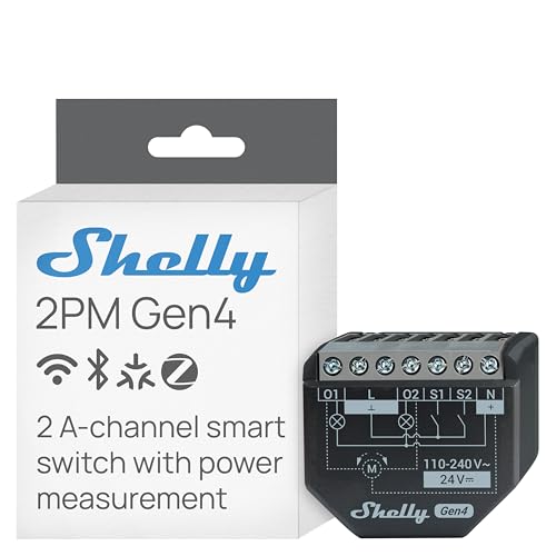 Shelly 2PM Gen4 - WLAN Smart Relais Schalter, Rolladenschalter, Stromzähler, 2 Kanäle, 16A, Lichtschalter, Smart Home, Zeitschaltuhr, Alexa, Google & HomeKit, Matter, Kein Hub Erforderlich