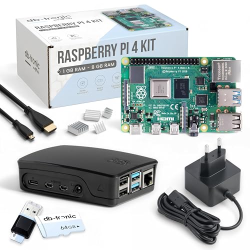 db-tronic Raspberry Pi 4 8GB Starter Set | 64GB Black Edition | Netzteil 15W | Gehäuse schwarz | Kühlkörper Set | 4K Micro HDMI Kabel | Ideal für Smart Home, Retro Gaming & Home Assistant