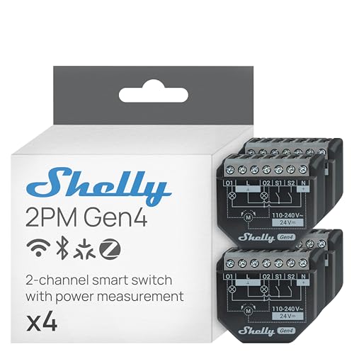 Shelly 2PM Gen4 - WLAN Smart Relais Schalter, Rolladenschalter, Stromzähler, 2 Kanäle, 16A, Lichtschalter, Smart Home, Zeitschaltuhr, Alexa, Google & HomeKit, Matter, Kein Hub Erforderlich (4 Stück)