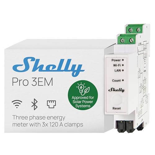 Shelly Pro 3EM (120A) V2 | WLAN & LAN DIN-Schiene 3-Phasen Energiezähler | Echtzeit-Überwachung | kein Relais-Schalter | Kein Hub Erforderlich | Solarpanels | PV-Systeme | Wirkenergie der Klasse B
