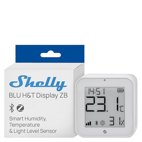 Shelly BLU H&T Display ZB Weiß - Bluetooth & Zigbee Temperatur- und Luftfeuchtigkeitssensor, E-Paper-Display, Digitaluhr, Smart Home, Verschlüsselung, Fernüberwachung, Gateway Erforderlich
