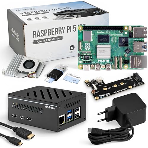 db-tronic Raspberry Pi 5 16GB PCIe M.2 NVMe Set | 64GB Edition | Metallgehäuse | Active Cooler | M.2 NVMe SSD PCIe Board | 27W Netzteil | Ideal für Smart Home, Retro Gaming und Home Assistant